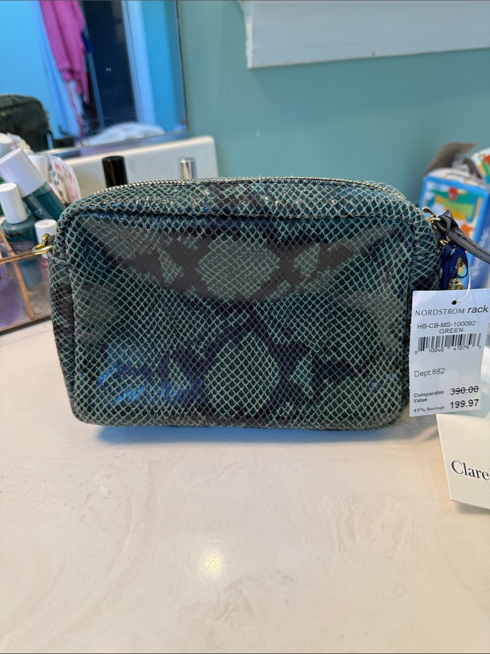 NWT Clare V Green Snake-Print Crossbody Camera Bag